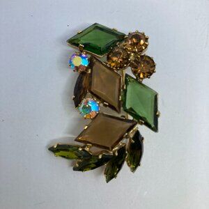 Vtg Continental ? green amber crystal rhinestone art deco brooch